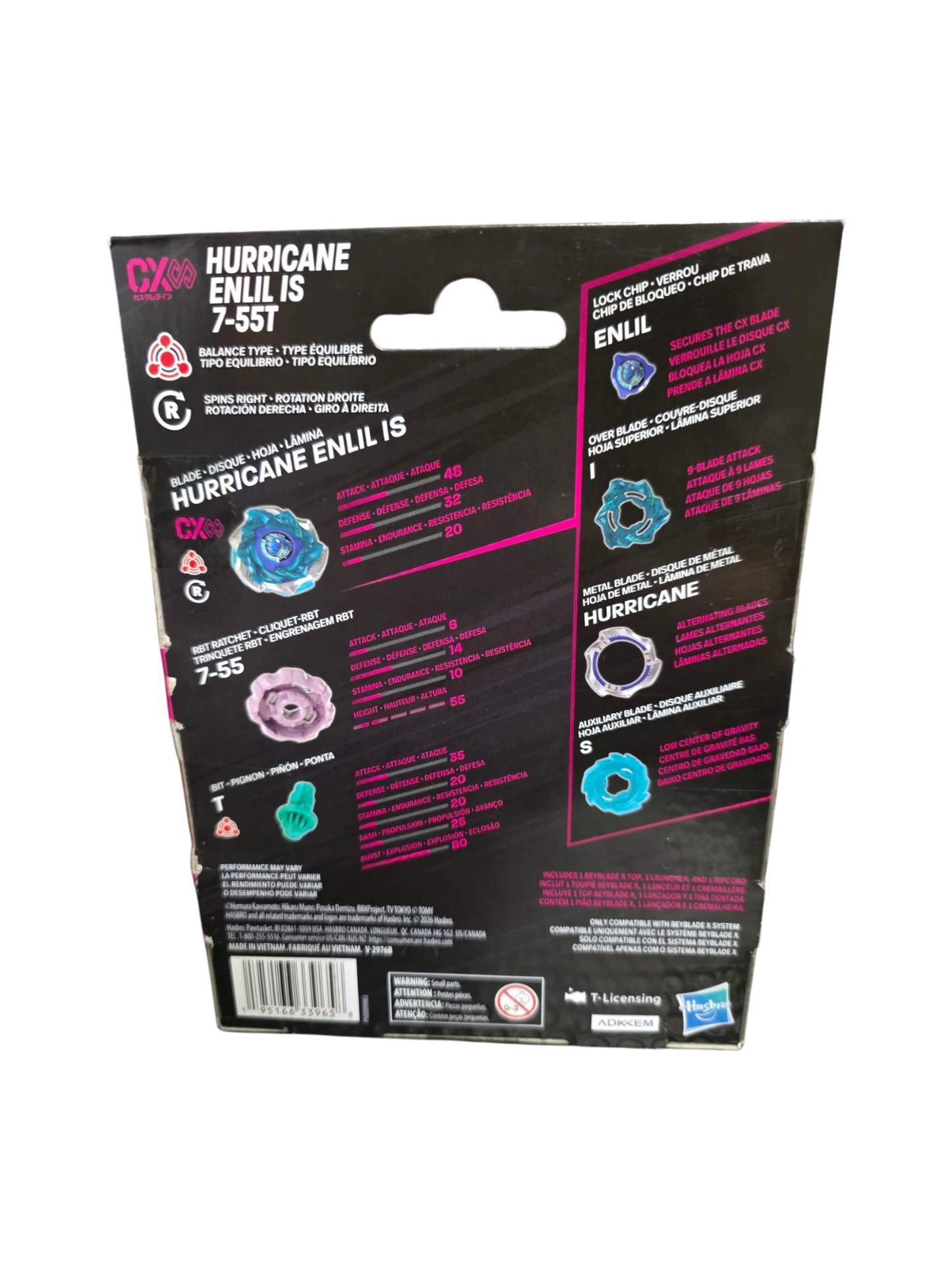My Store Hasbro Beyblade X Hurricane Enlil IS 7-55T starter pack packaging back view showing components and stats