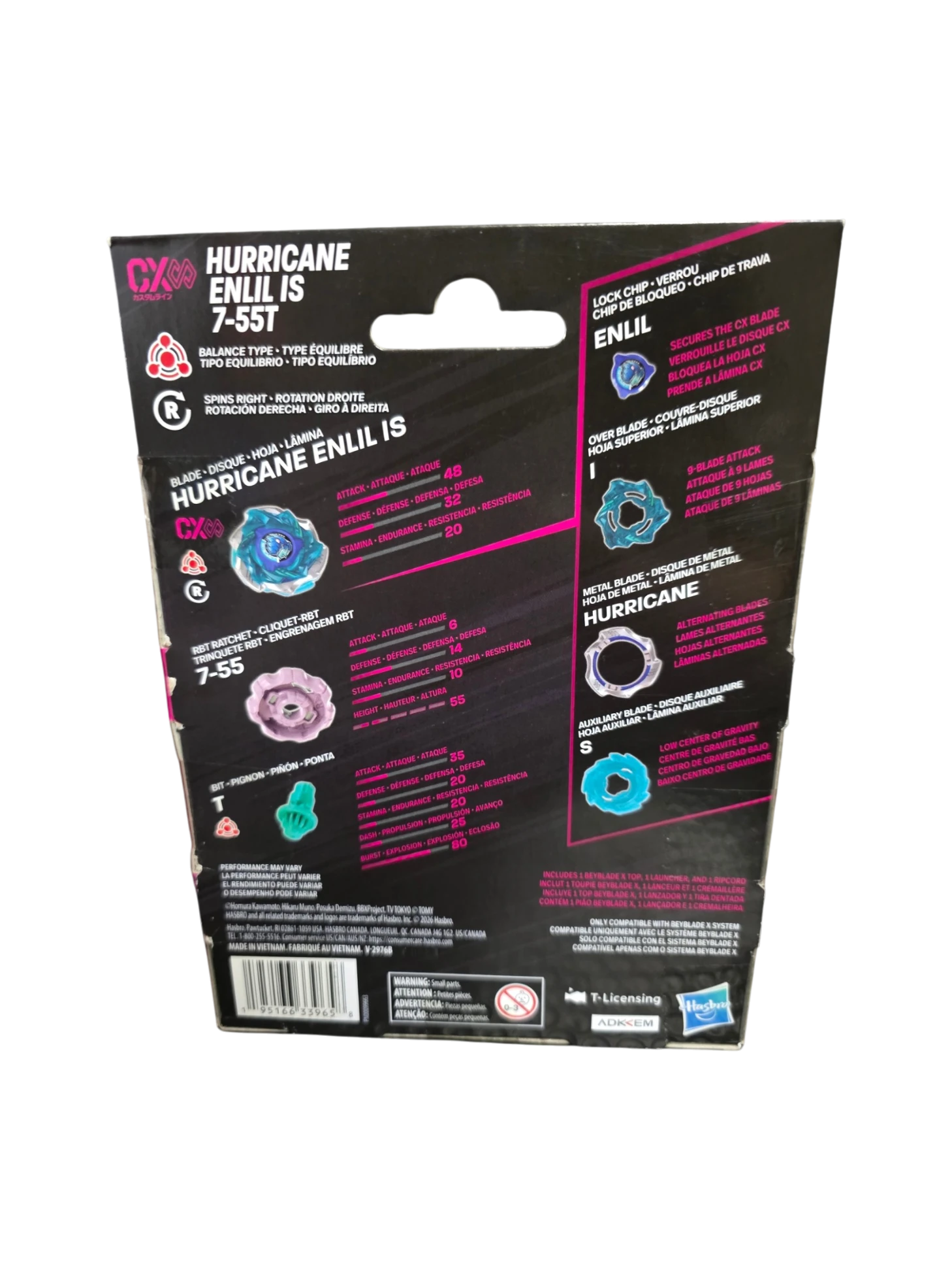 My Store Hasbro Beyblade X Hurricane Enlil IS 7-55T starter pack packaging back view showing components and stats