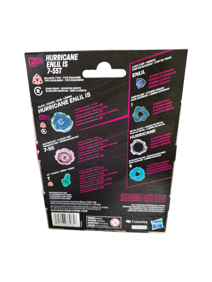 My Store Hasbro Beyblade X Hurricane Enlil IS 7-55T starter pack packaging back view showing components and stats