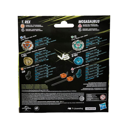 My Store Jurassic World Beyblade X T. Rex vs. Mosasaurus multipack packaging showing top stats and components.