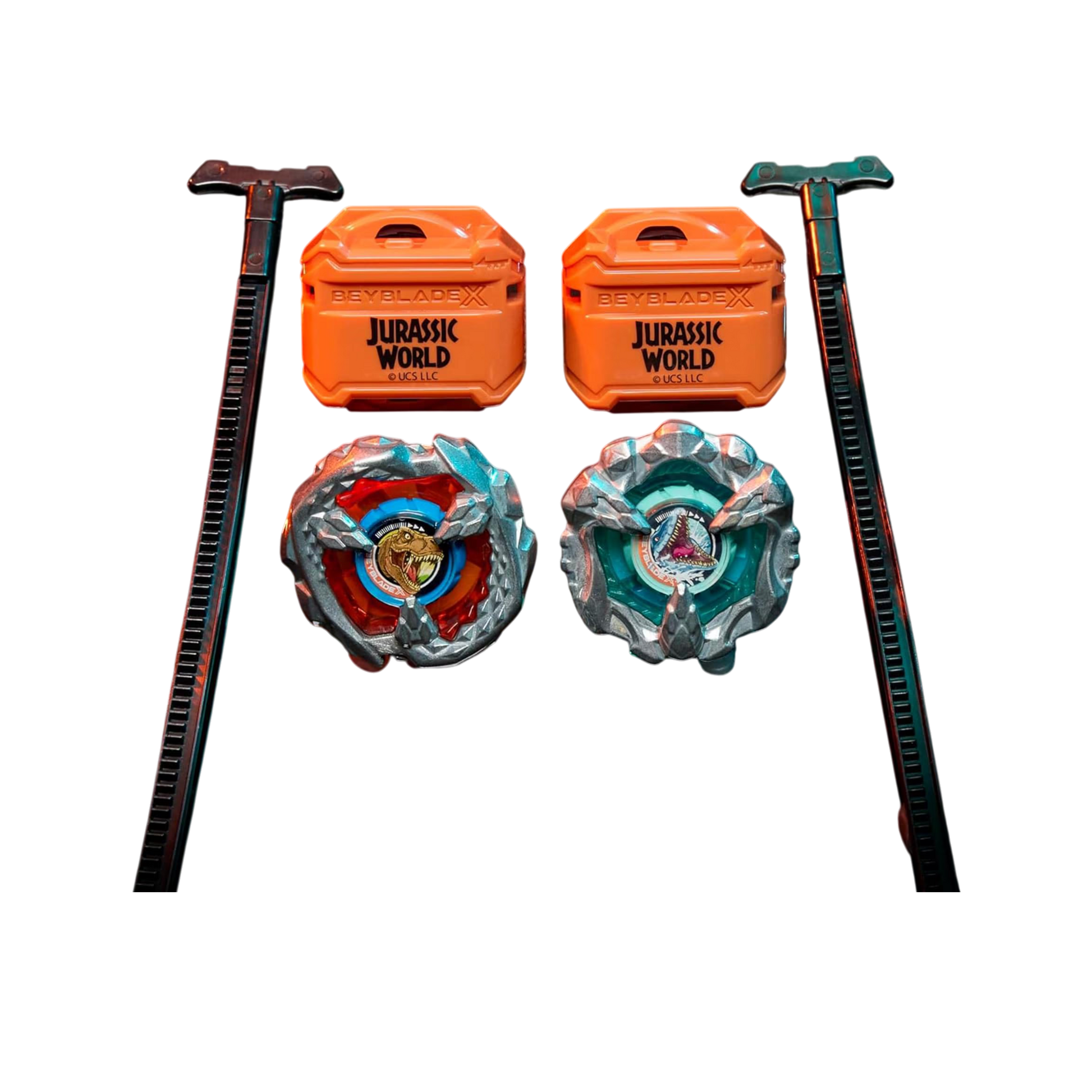 My Store Jurassic World Beyblade X T. Rex and Mosasaurus multipack with two metal tops and two launchers.