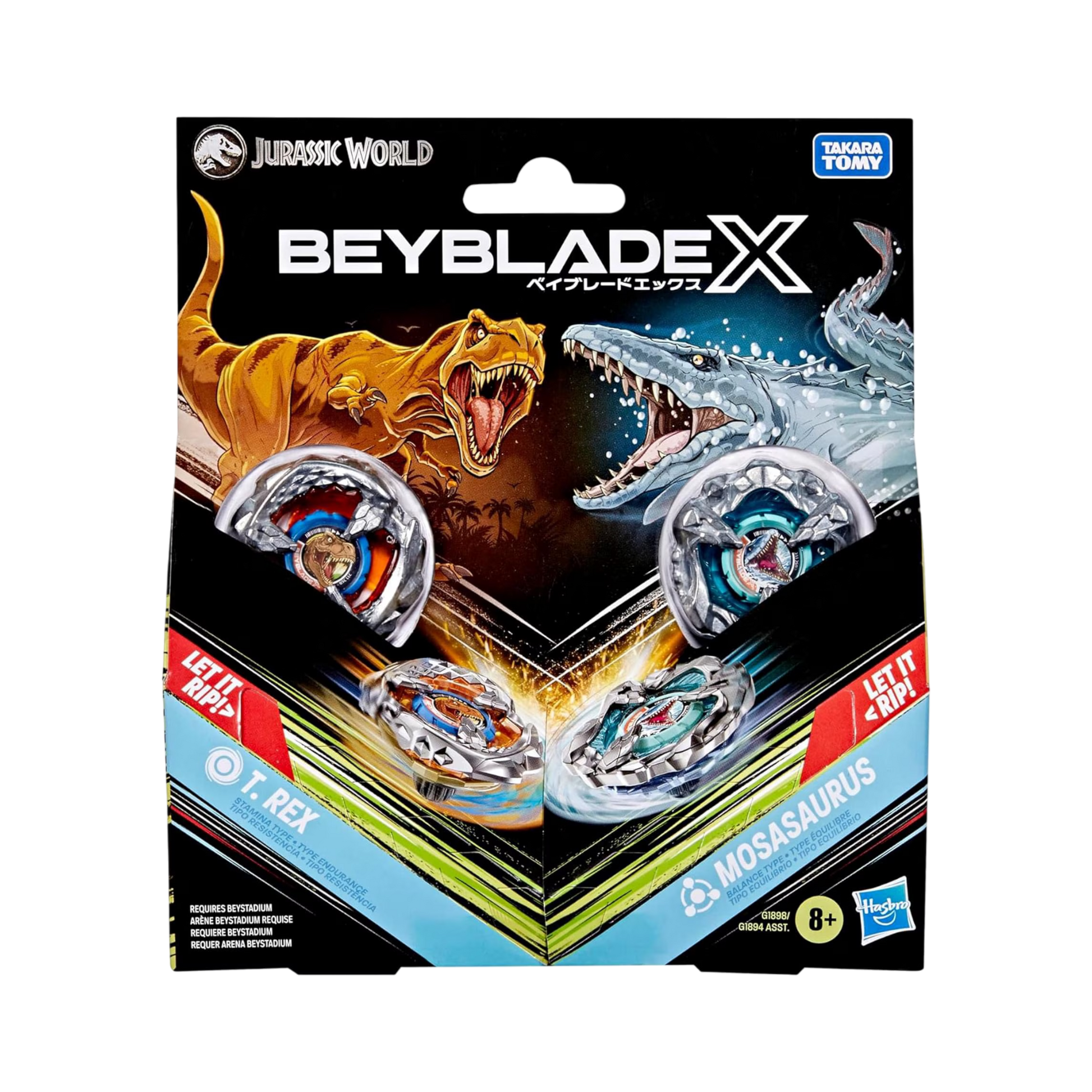My Store Jurassic World Beyblade X T. Rex and Mosasaurus multipack with two metal spinning tops and launchers.