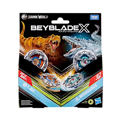My Store Jurassic World Beyblade X T. Rex and Mosasaurus multipack with two metal spinning tops and launchers.
