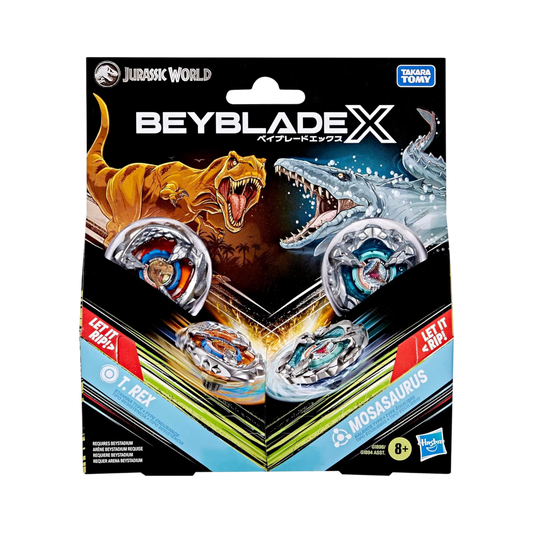 My Store Jurassic World Beyblade X T. Rex and Mosasaurus multipack with two metal spinning tops and launchers.