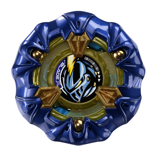 My Store Takara Tomy Beyblade X UX-00 Knight Mail 3-85BS in a metallic navy blue finish with gold accents.