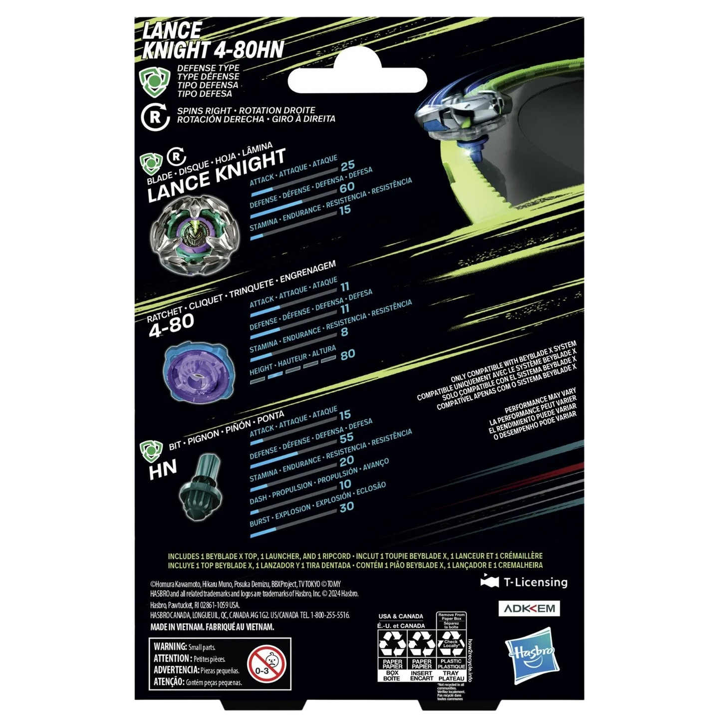 My Store Hasbro Beyblade X Lance Knight 4-80HN defense type starter pack packaging back view with stats and launcher