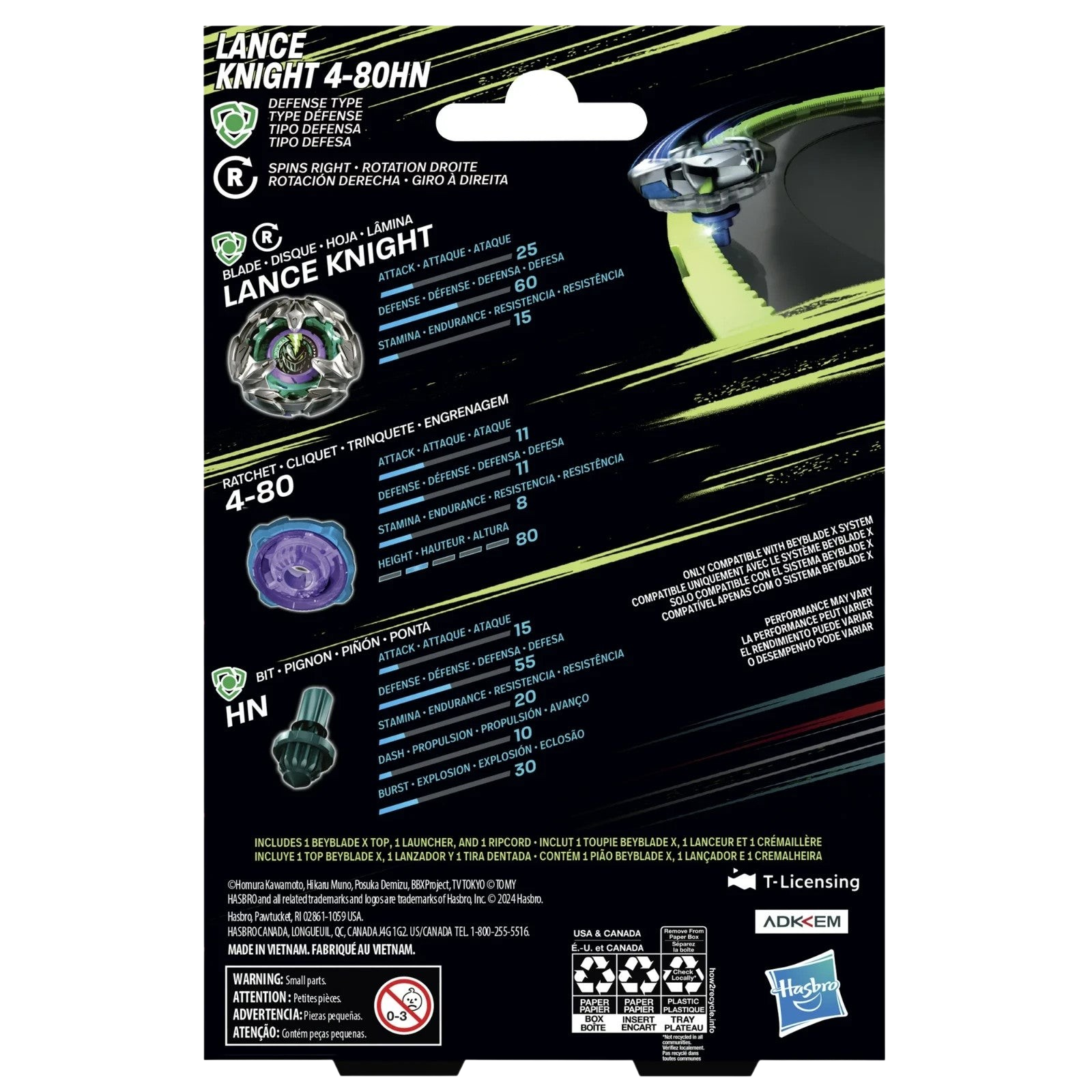 My Store Hasbro Beyblade X Lance Knight 4-80HN defense type starter pack packaging back view with stats and launcher