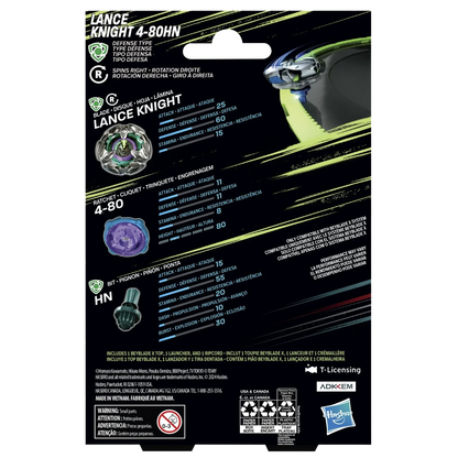 My Store Hasbro Beyblade X Lance Knight 4-80HN defense type starter pack packaging back view with stats and launcher