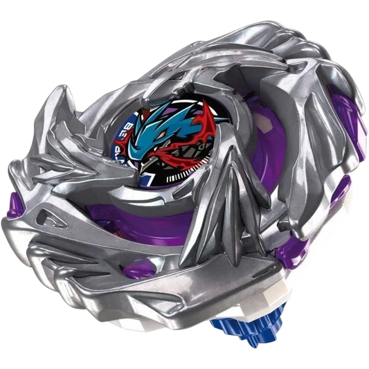 Luster Dragoon 6-60LC left-spin bey, silver blade with purple accents