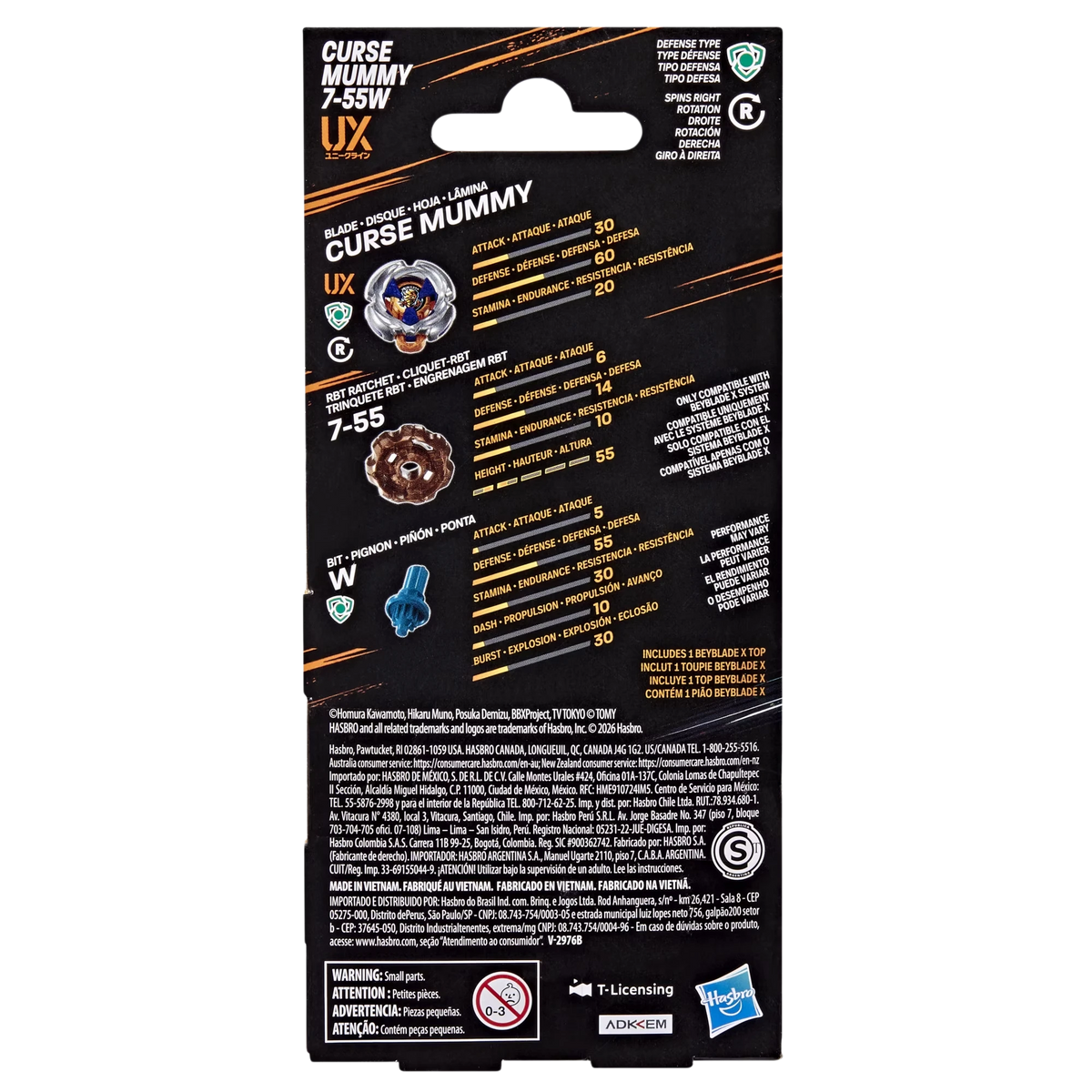 My Store Hasbro Beyblade X Mummy Curse 7-55W booster packaging back view showing stats and component details