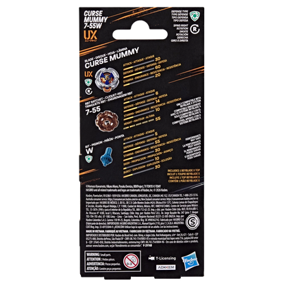 My Store Hasbro Beyblade X Mummy Curse 7-55W booster packaging back view showing stats and component details