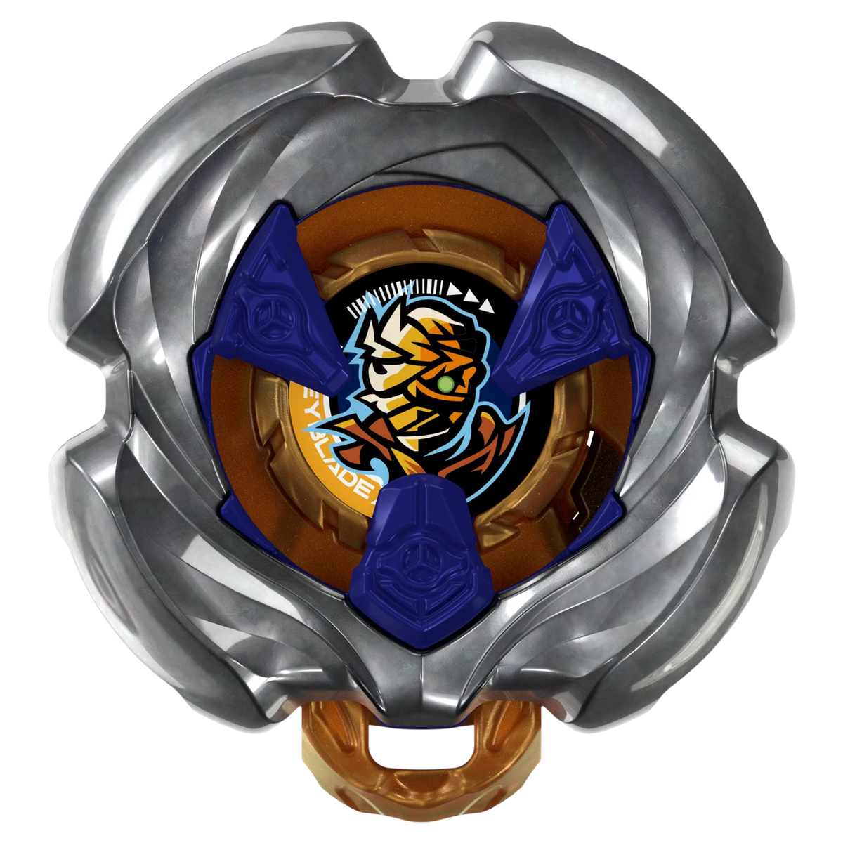 My Store Mummy Curse 7-55W Beyblade top with silver metal blade, blue accents, and central mummy character emblem