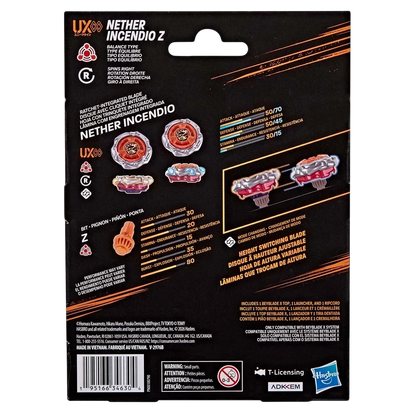 My Store Nether Incendio Z Beyblade X packaging back showing balance type blade, Z bit, and height adjustment stats.