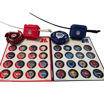 My Store NFL AFC vs NFC Beyblade X blade set with red and blue launchers and team logo sticker sheets.