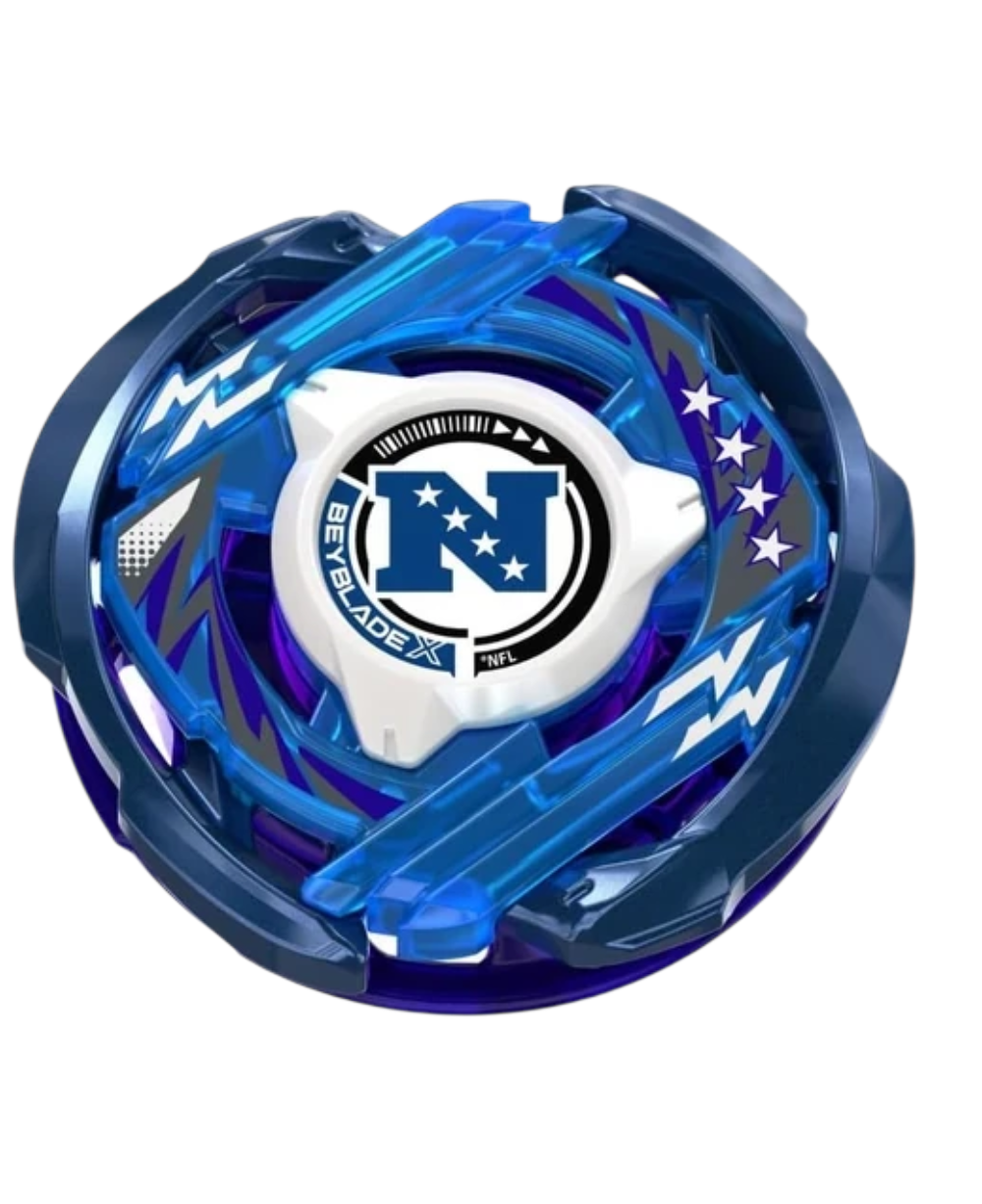 My Store NFL AFC vs NFC Beyblade X blade set with blue and red spinning tops, launchers, and team logo stickers.