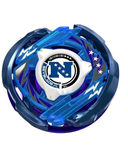 My Store NFL AFC vs NFC Beyblade X blade set with blue and red spinning tops, launchers, and team logo stickers.