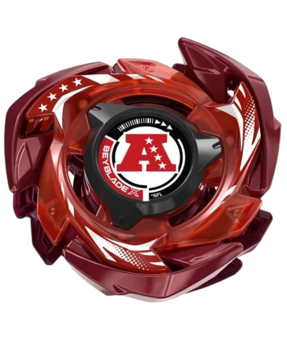 My Store NFL AFC vs NFC Beyblade X blade set with blue and red spinning tops, launchers, and team logo stickers.