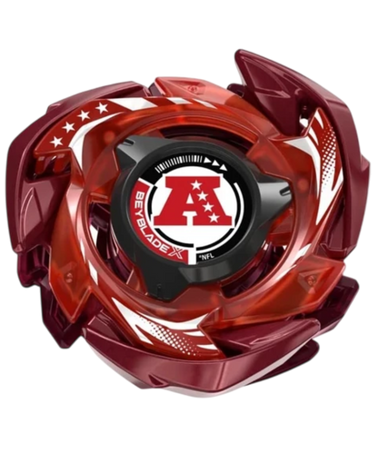 My Store NFL AFC vs NFC Beyblade X blade set with blue and red spinning tops, launchers, and team logo stickers.