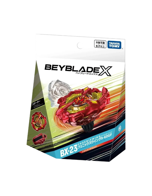 My Store Takara Tomy Beyblade X BX-23 Phoenix Wing 9-60GF starter set in red packaging with winder launcher