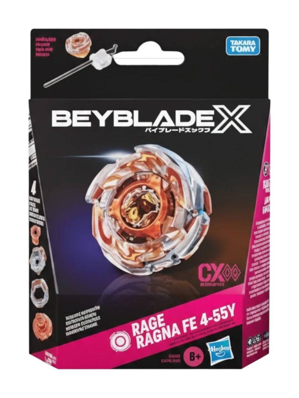 My Store Beyblade X Rage Ragna FE 4-55Y starter pack featuring a right-spinning stamina type top in retail packaging.