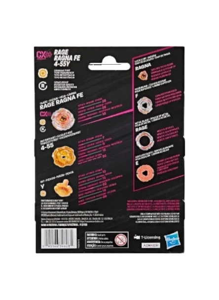 My Store Hasbro Beyblade X Ragna Rage FE 4-55Y starter pack packaging back view showing component specs and parts