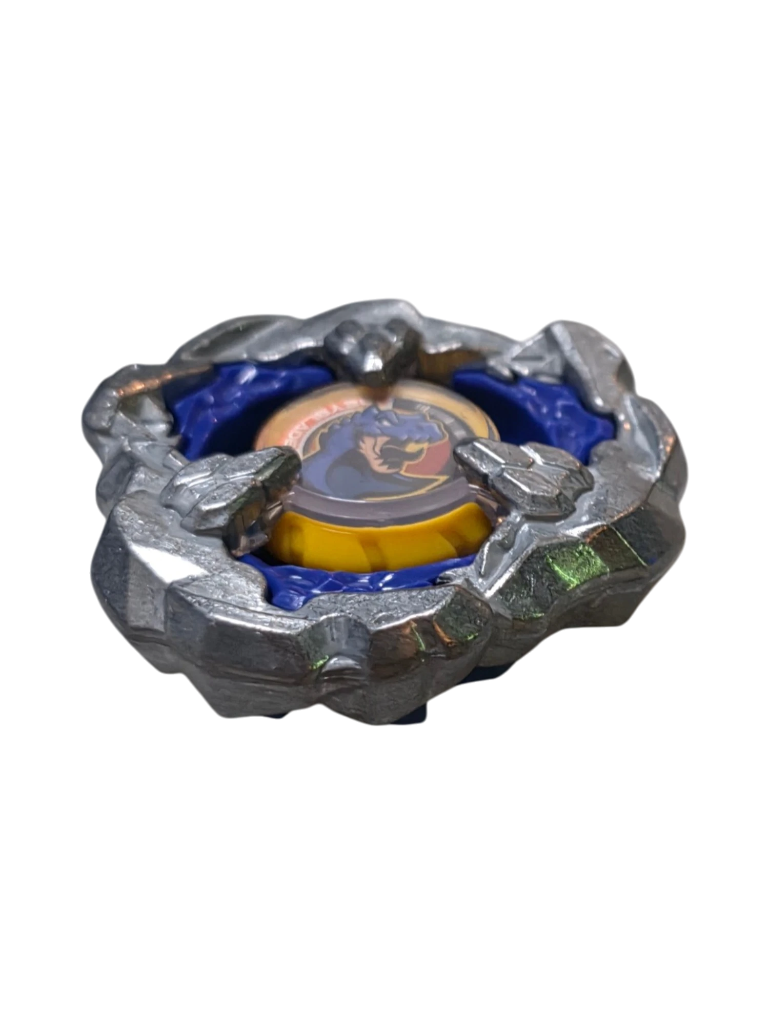 My Store authentic Hasbro Beyblade X Roar Tyranno blade in silver and blue with a central dinosaur emblem