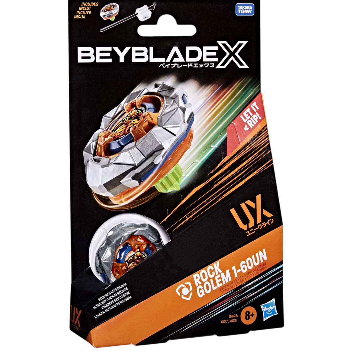 My Store Rock Golem 1-60UN Beyblade X defense top with metal blade, launcher, and packaging in a starter set.