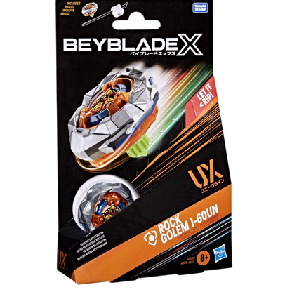 My Store Rock Golem 1-60UN Beyblade X defense top with metal blade, launcher, and packaging in a starter set.
