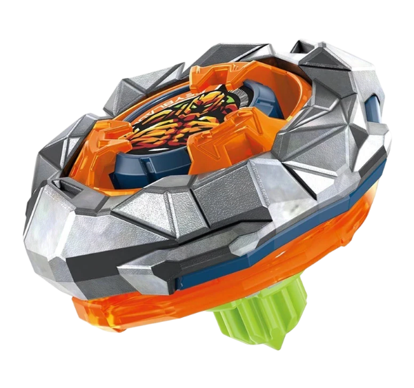 My Store Rock Golem 1-60UN defense type Beyblade X top with metallic grey blade, orange accents, and green bit.