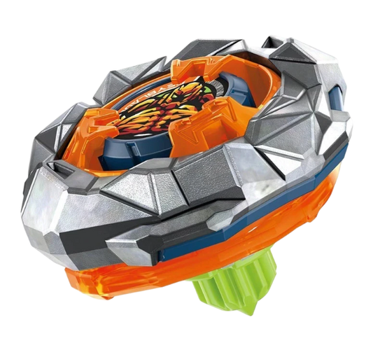 My Store Rock Golem 1-60UN defense type Beyblade X top with metallic grey blade, orange accents, and green bit.