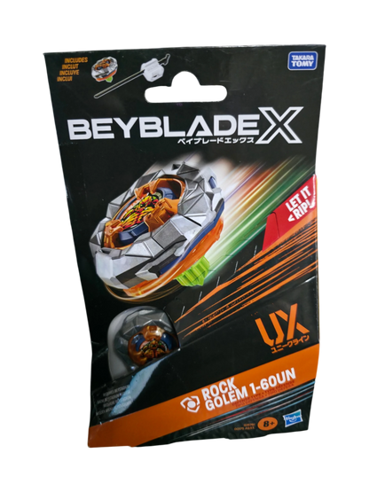 My Store Rock Golem 1-60UN Beyblade X defense top in retail packaging with included launcher and metal blade parts.