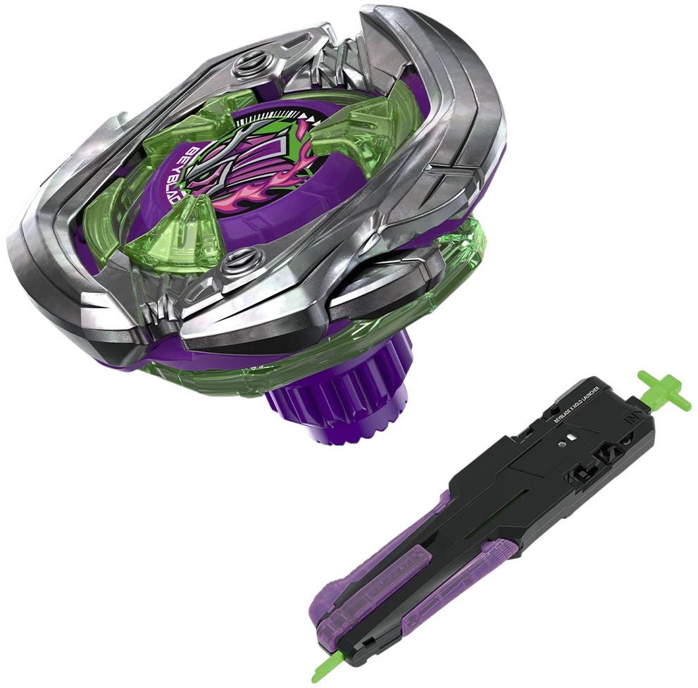 My Store Saber Samurai 2-70L Beyblade X top with purple and green accents and a black grip launcher