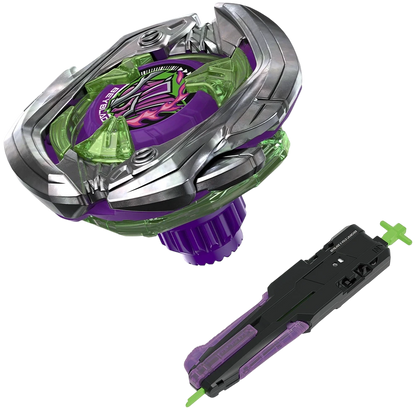 My Store Saber Samurai 2-70L Beyblade X top with purple and green accents and a black grip launcher