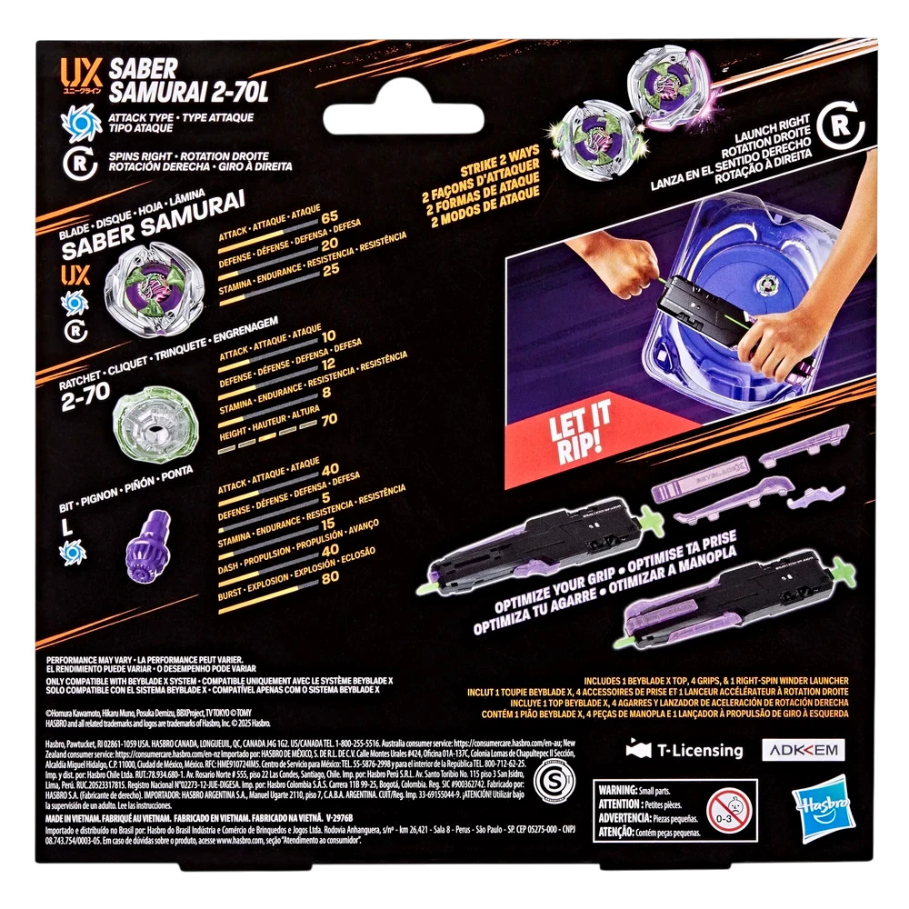 My Store Hasbro Beyblade X Saber Samurai 2-70L Victory Grip Launcher Set packaging back view with product details