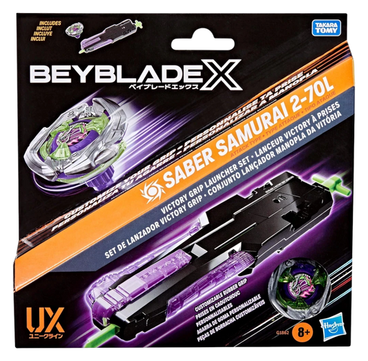 My Store Hasbro Beyblade X Saber Samurai 2-70L Victory Grip Launcher set in original retail packaging