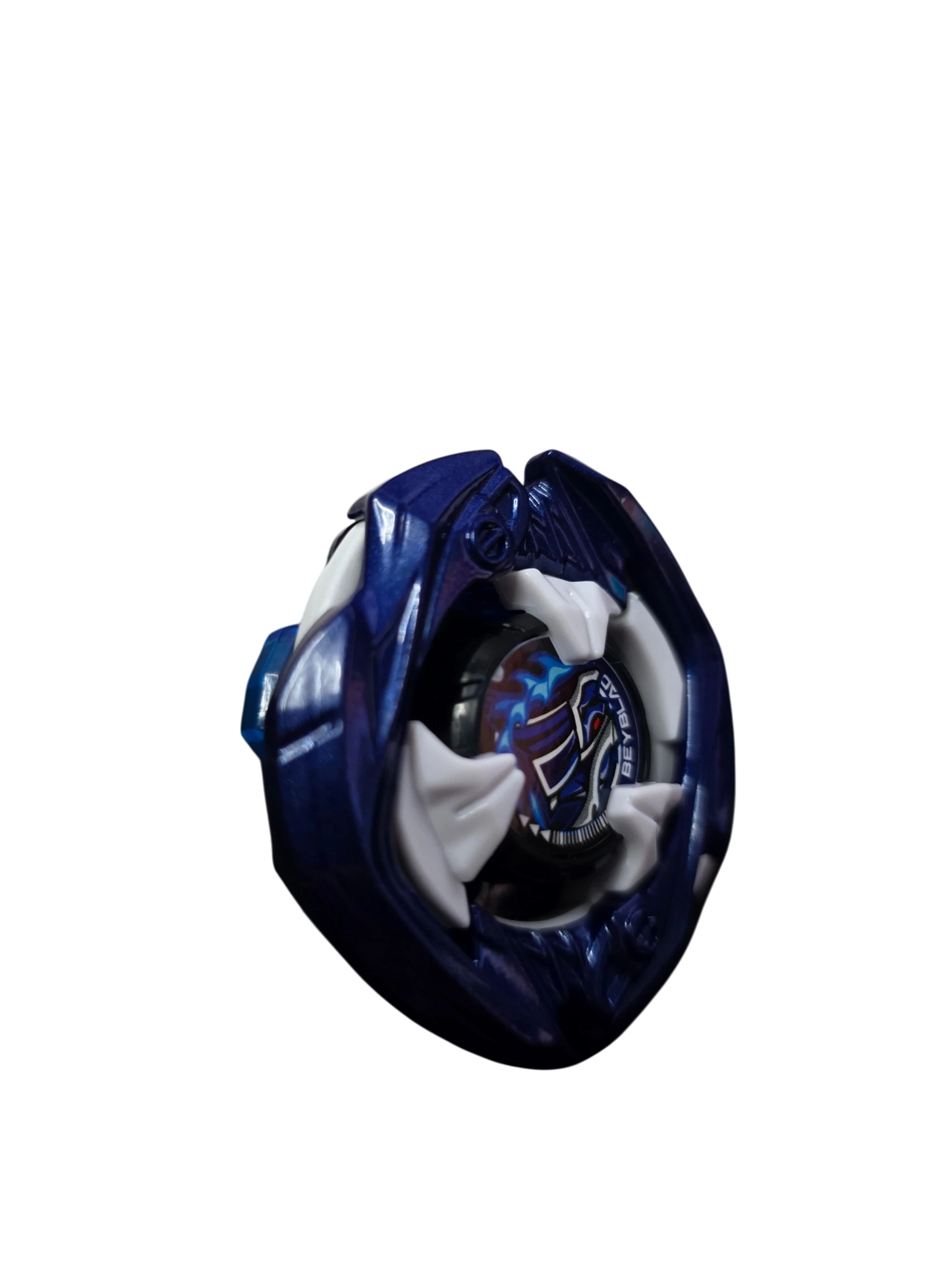 My Store Takara Tomy Beyblade X Samurai Saber 5-60K in Samurai Blue metal coat with white accents on a keyboard.