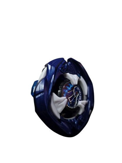 My Store Takara Tomy Beyblade X Samurai Saber 5-60K in Samurai Blue metal coat with white accents on a keyboard.