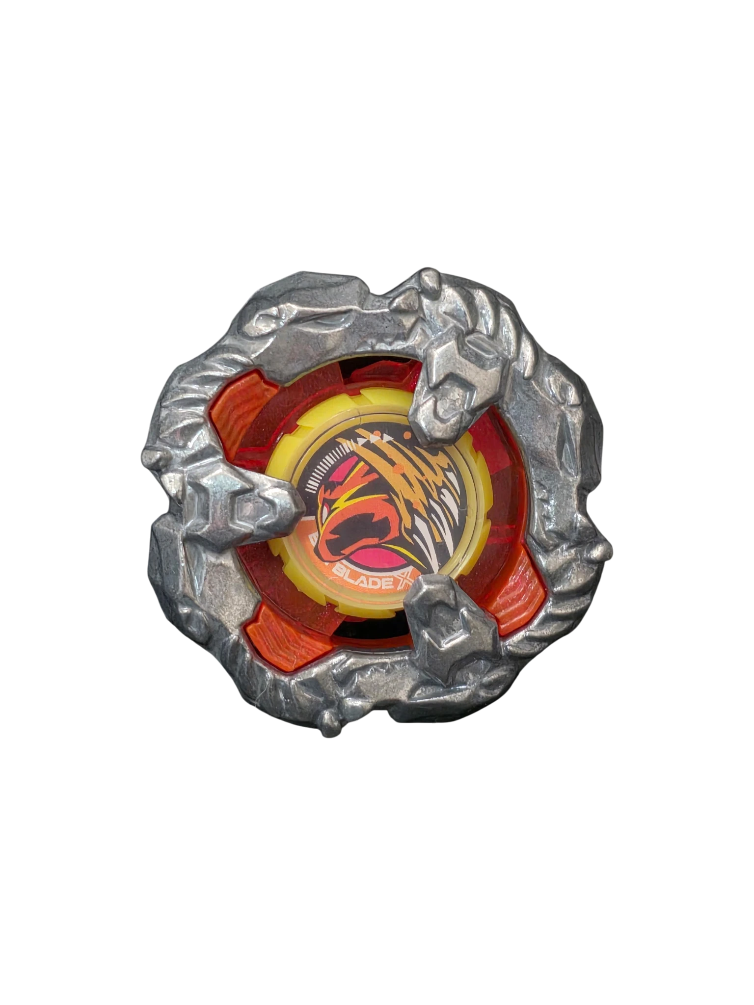My Store Savage Bear Beyblade X defense blade featuring a round four-sided die-cast metal ring and red center detail.
