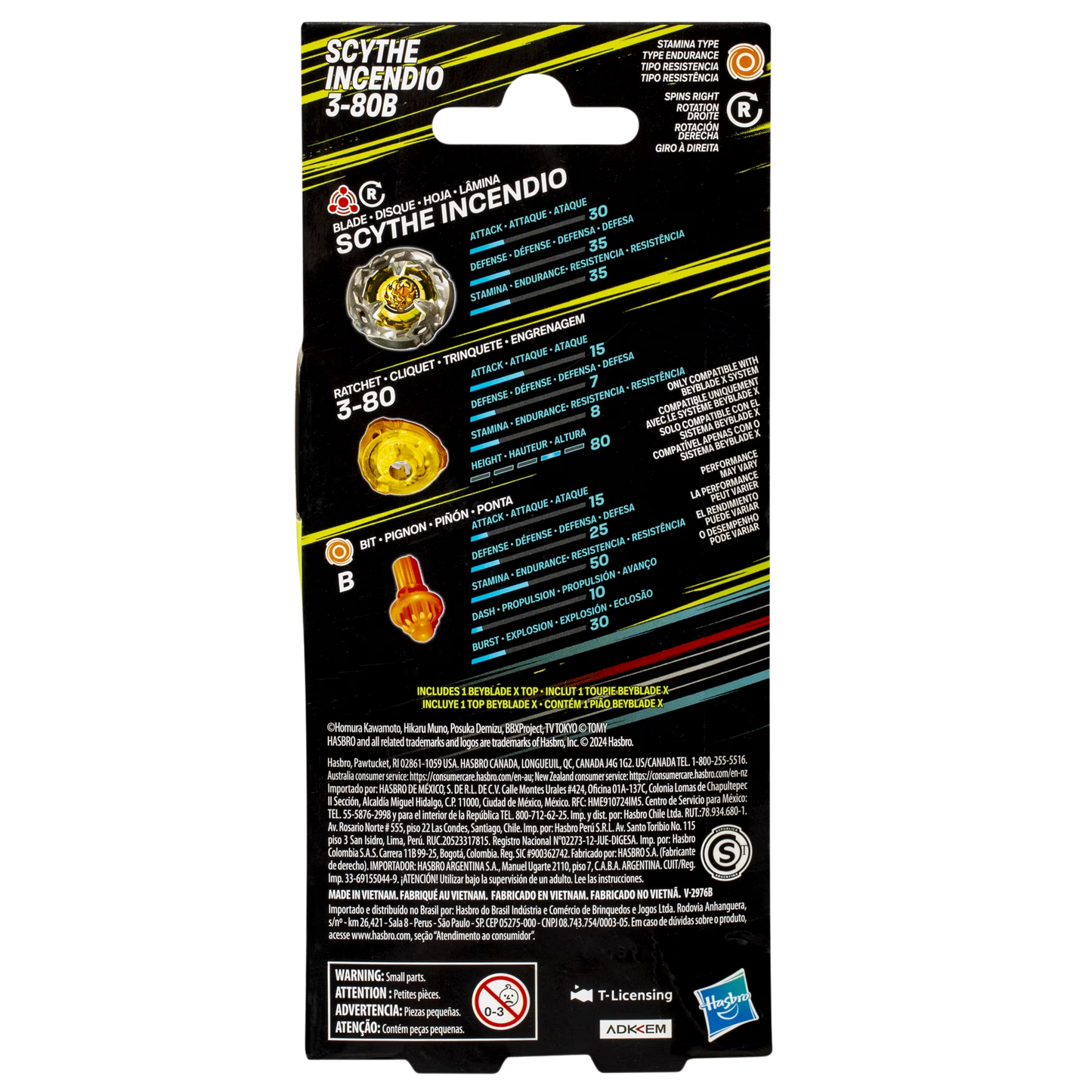 Back of My Store Scythe Incendio 3-80B Beyblade X packaging showing performance stats and component breakdown.