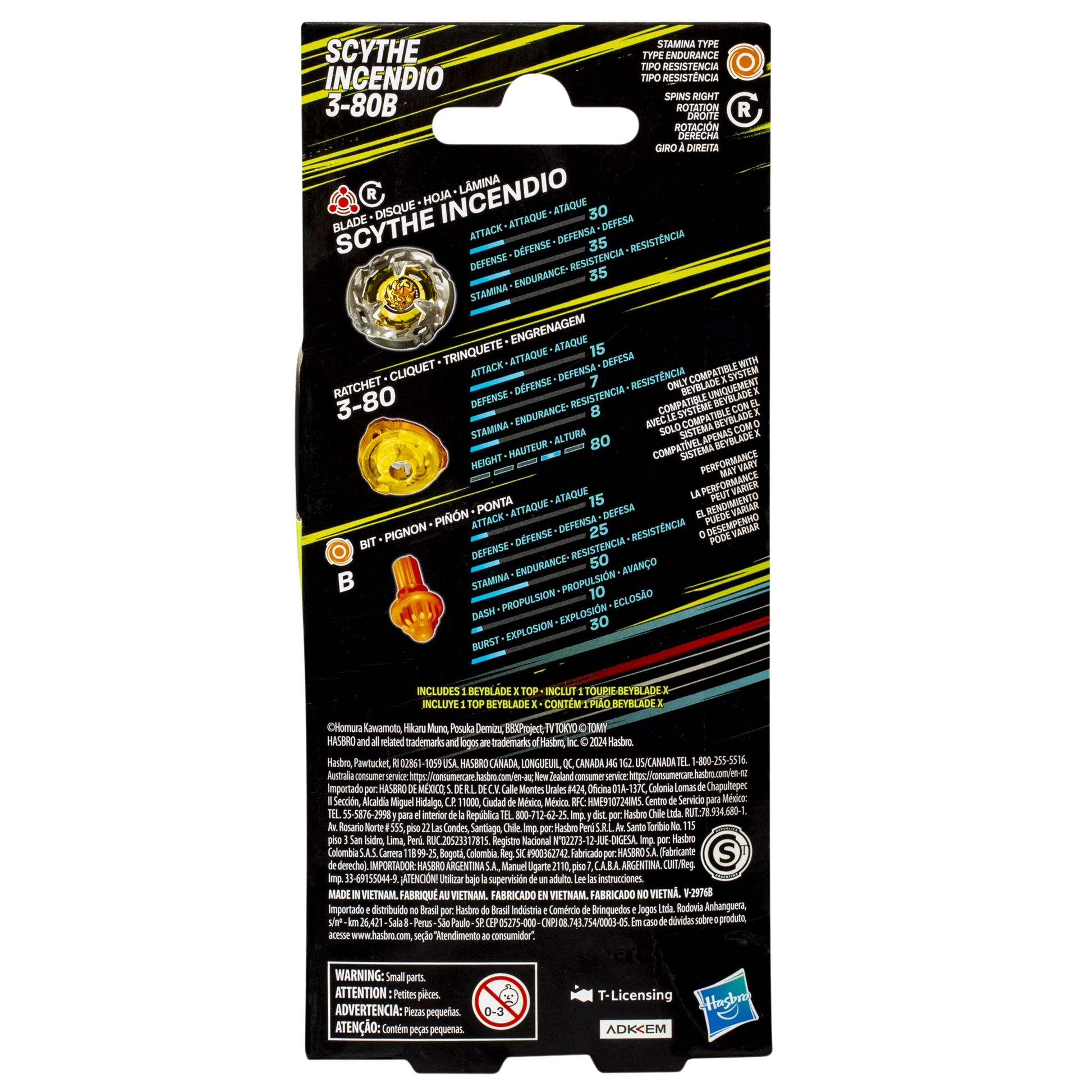 Back of My Store Scythe Incendio 3-80B Beyblade X packaging showing performance stats and component breakdown.
