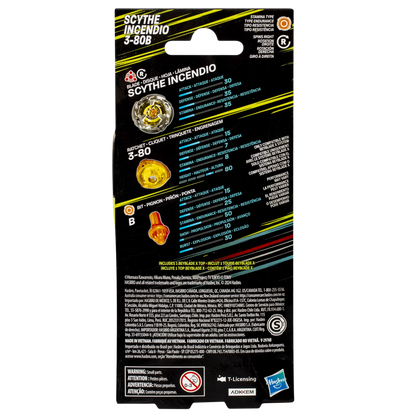 Back of My Store Scythe Incendio 3-80B Beyblade X packaging showing performance stats and component breakdown.