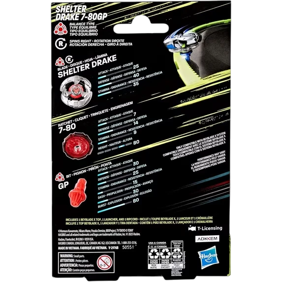 My Store Hasbro Beyblade X Shelter Drake 7-80GP packaging back view showing blade, ratchet, and bit specifications