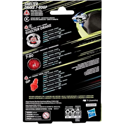 My Store Hasbro Beyblade X Shelter Drake 7-80GP packaging back view showing blade, ratchet, and bit specifications