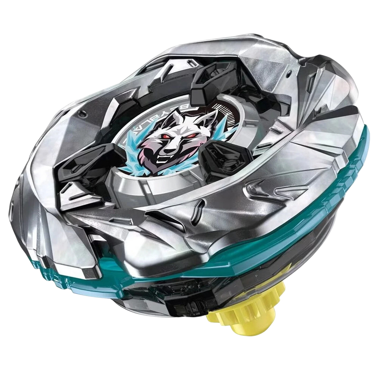 My Store SilverWolf 3-80FB Stamina Type Beyblade with silver metal blade, teal accents, and wolf emblem.