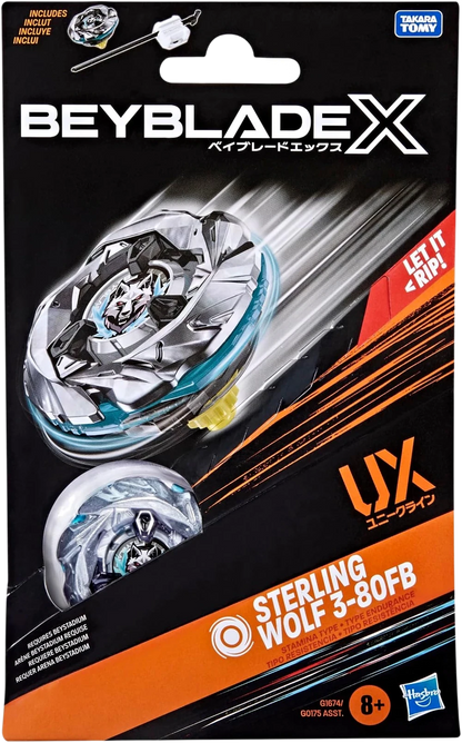 My Store Sterling Wolf 3-80FB Beyblade X stamina top in retail packaging with included launcher and wolf emblem