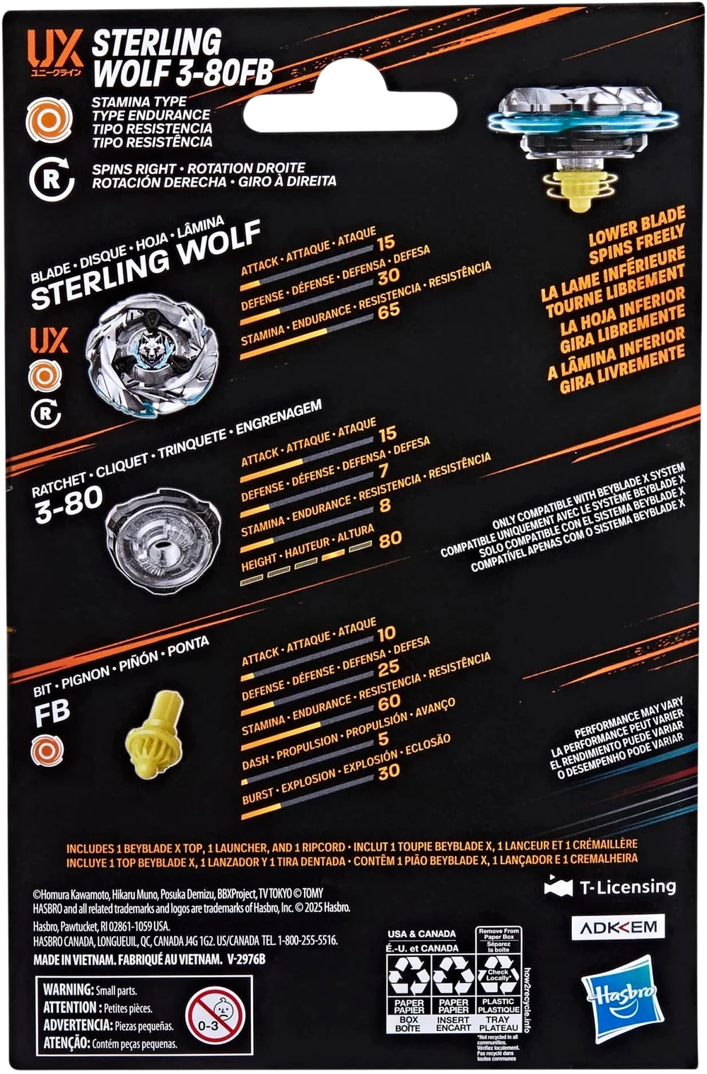 My Store Sterling Wolf 3-80FB Beyblade X stamina top with metal blade, 3-80 ratchet, and Free Ball bit on packaging