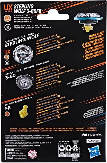 My Store Sterling Wolf 3-80FB Beyblade X stamina top with metal blade, 3-80 ratchet, and Free Ball bit on packaging