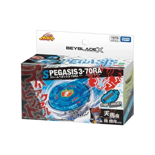 My Store BX-00 Storm Pegasus 3-70RA Beyblade X starter set with blue attack-type spinning top and string launcher.