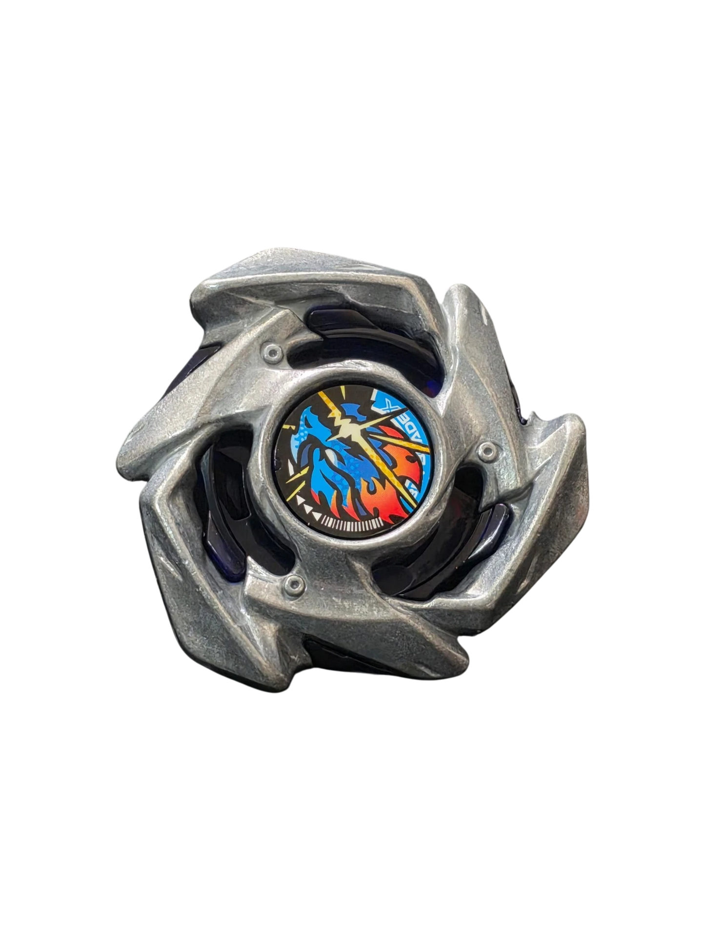 My Store Blade Strike Dran Beyblade X part in silver metal with a blue and orange dragon gear chip design.