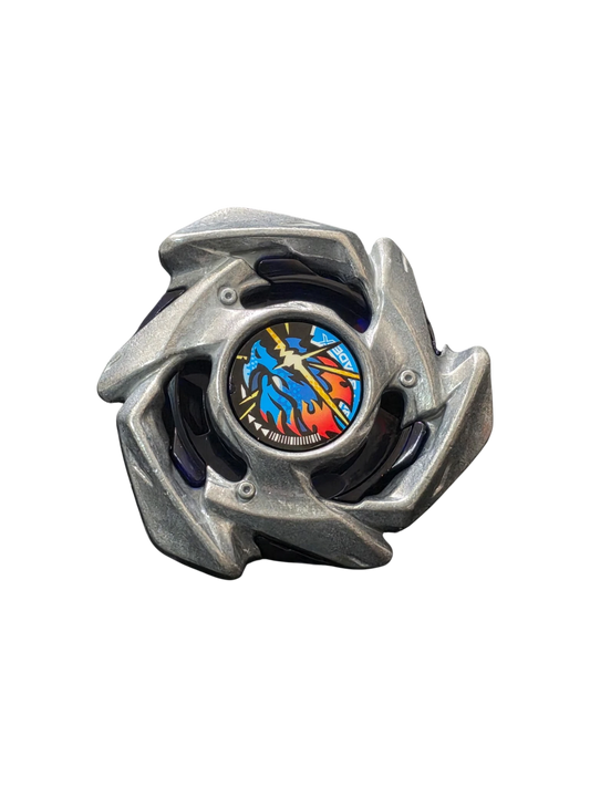 My Store Blade Strike Dran Beyblade X part in silver metal with a blue and orange dragon gear chip design.
